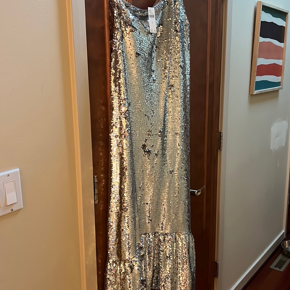 NWT Anthropologie One Shoulder Sequin Dress Silver Cocktail Formal Maxi Size M